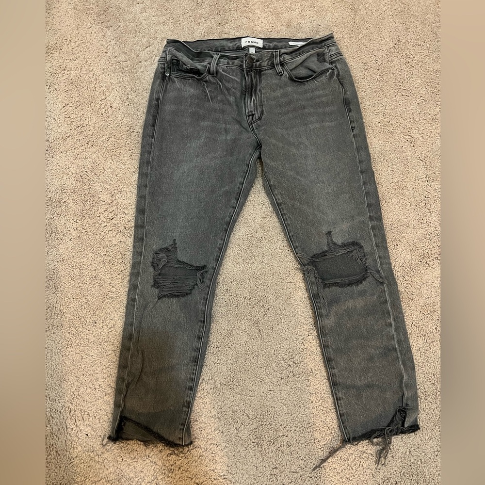 Frame Denim Washed Black Boyfriend Jeans with Distressed Knees